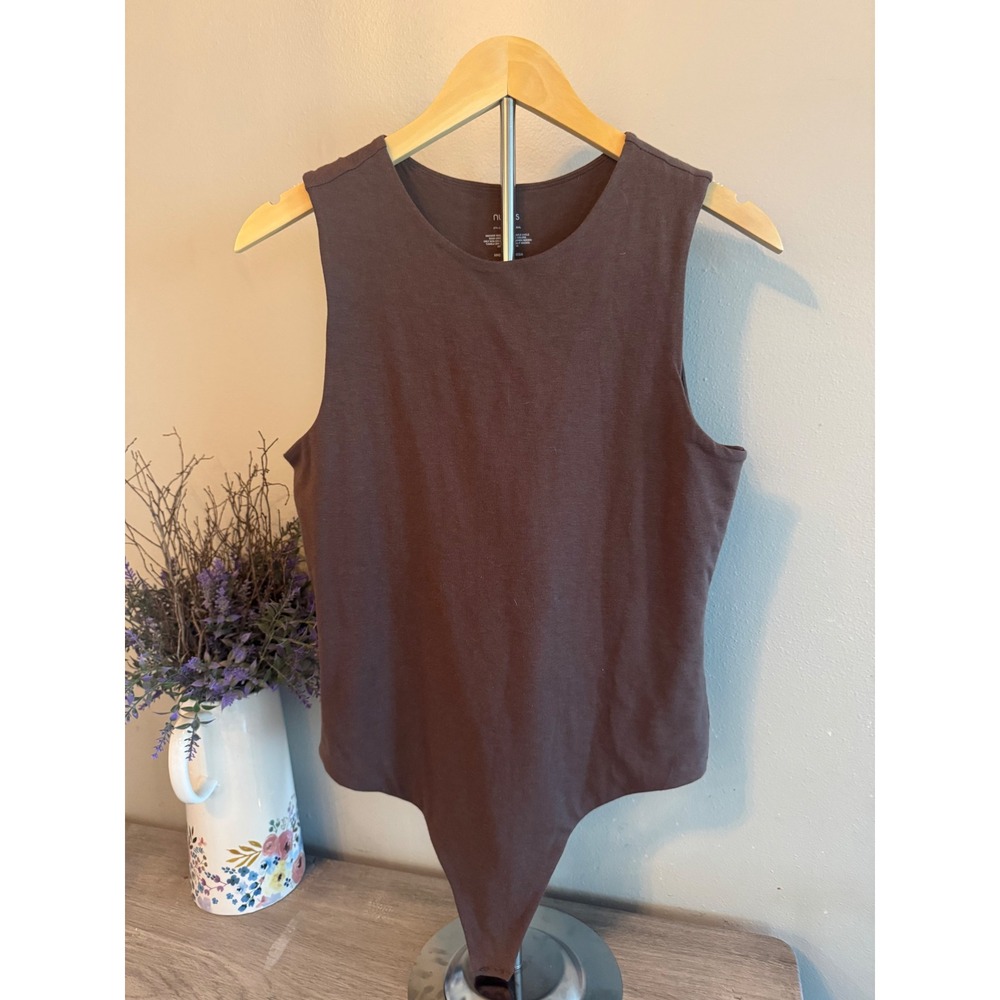 Nuuds Womens High Neck Sleeveless Bodysuit Chocolate Brown Cotton Modal Large